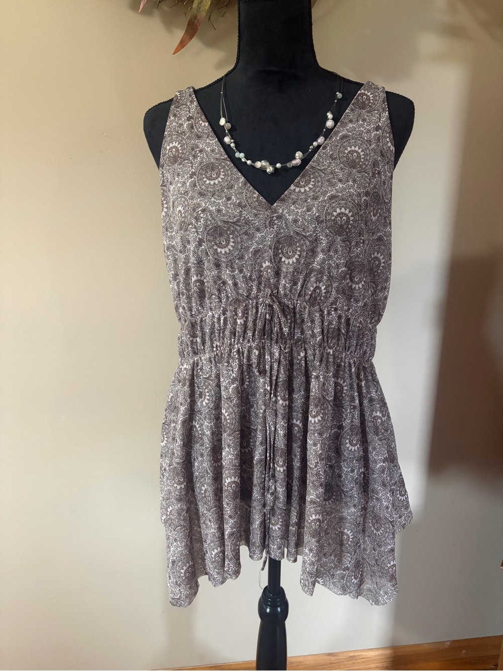 Michael Kors Taupe Paisley V-Neck Drawstring Tunic